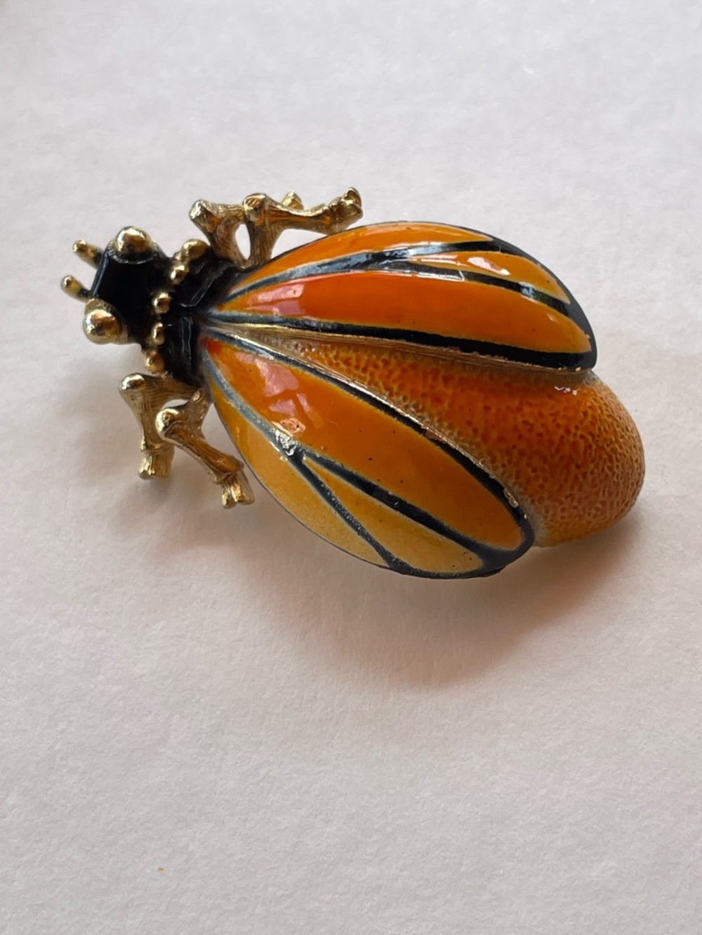 Large Vintage Enamel Orange and Black Bug Beetle Cicada Fly Brooch Pin